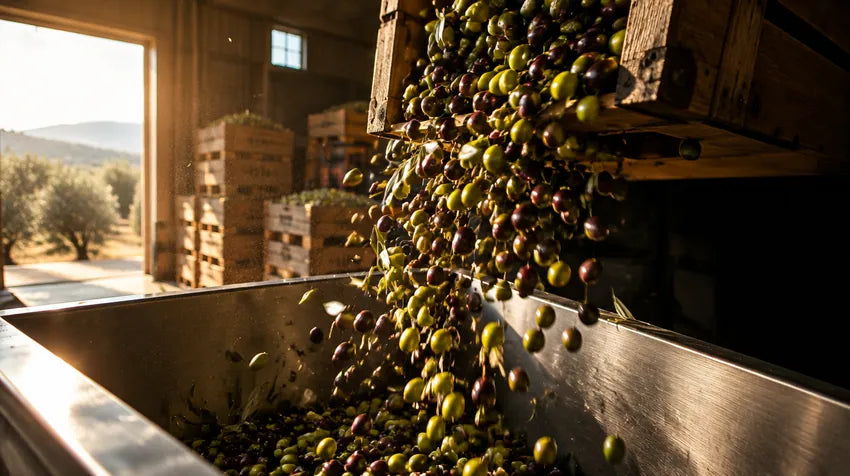 Olive appena raccolte che cadono nella tramoggia del frantoio