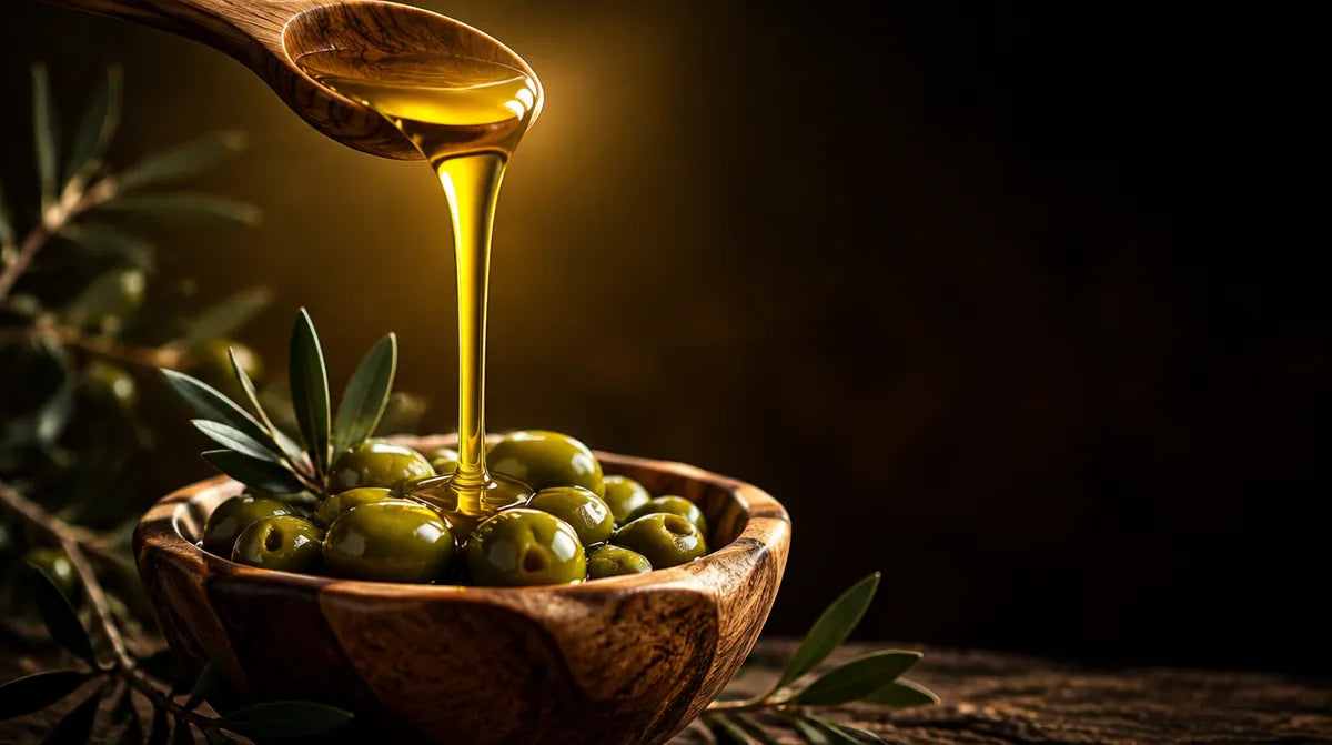 Olio extra vergine di oliva versato da un cucchiaio di legno d'ulivo su olive appena raccolte